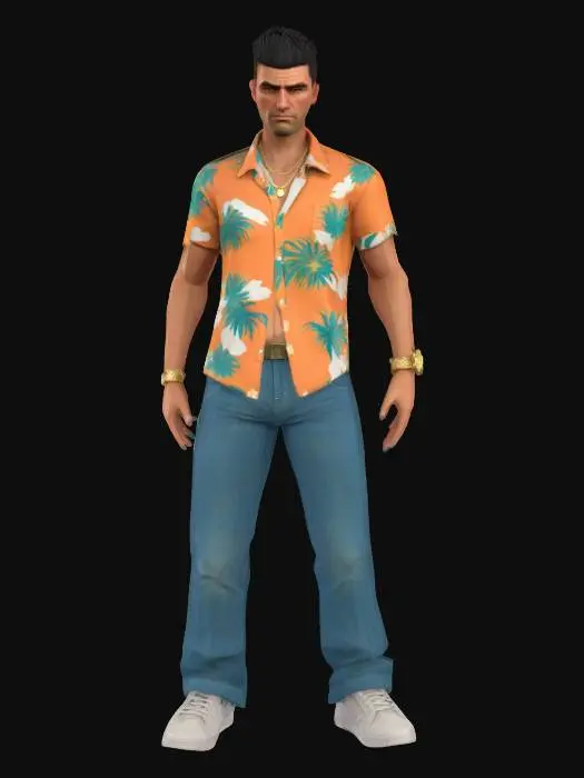 3D model for A low-poly 3D model of a male character inspired by Tommy Vercetti from GTA Vice City. He is wearing a teal Hawaiian shirt with palm patterns, blue jeans, and white sneakers. The character has a slicked-back hairstyle, a confident facial expression with a slight smirk, and a gold watch on his left wrist. The pose is A-pose, ready for rigging. The visual style should replicate the PlayStation 1 era with blocky geometry, pixelated textures, flat shading, and minimal polygon count, giving a nostalgic retro gaming look. 