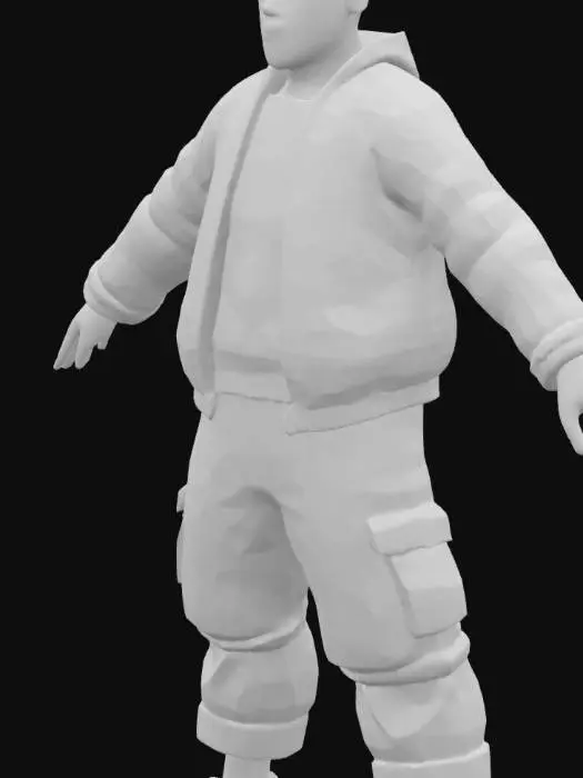 3D model for A low-poly PSX-style 3D model of a male character inspired by Claude Speed from GTA III. He is wearing a black leather bomber jacket, olive green cargo pants, and black sneakers. The character has short black hair, a serious, silent expression, and a rugged street look. He is in a standard A-pose for rigging. The model should use PlayStation 1-style visuals: low polygon count, flat shading, blocky geometry, and pixelated textures, evoking the retro 90s video game feel.