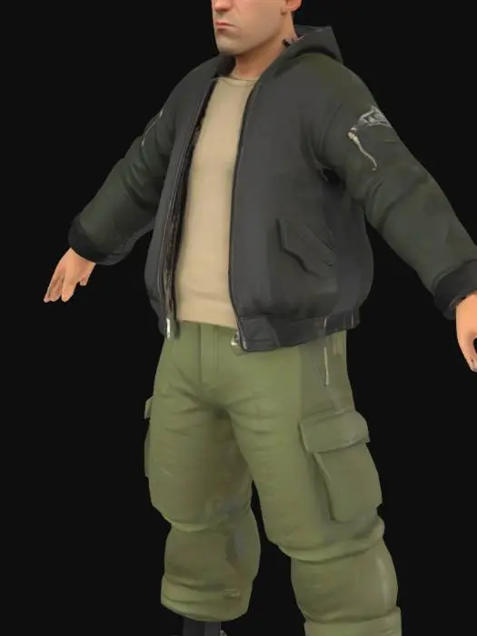 3D model for A low-poly PSX-style 3D model of a male character inspired by Claude Speed from GTA III. He is wearing a black leather bomber jacket, olive green cargo pants, and black sneakers. The character has short black hair, a serious, silent expression, and a rugged street look. He is in a standard A-pose for rigging. The model should use PlayStation 1-style visuals: low polygon count, flat shading, blocky geometry, and pixelated textures, evoking the retro 90s video game feel.