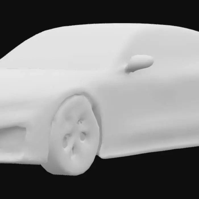 3D model for A low-poly PSX-style 3D model of a blue Audi RS7 Sportback with a wide, aggressive stance. Modify the car with a large rear spoiler and keep the iconic Audi RS design features like the honeycomb grille, sleek LED headlights, and large sporty wheels. Use retro PlayStation 1 style: minimal polygon count, flat shading, and pixelated textures. Ensure front, side, and rear angles are visible, with exaggerated edges for a stylized PSX racing game look.