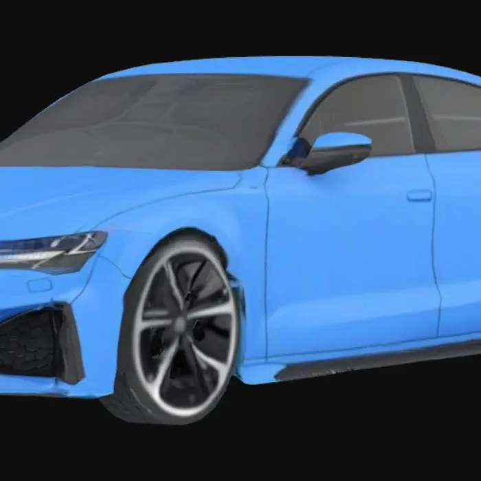 3D model for A low-poly PSX-style 3D model of a blue Audi RS7 Sportback with a wide, aggressive stance. Modify the car with a large rear spoiler and keep the iconic Audi RS design features like the honeycomb grille, sleek LED headlights, and large sporty wheels. Use retro PlayStation 1 style: minimal polygon count, flat shading, and pixelated textures. Ensure front, side, and rear angles are visible, with exaggerated edges for a stylized PSX racing game look.