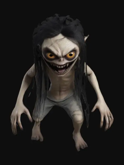 3D model for creapy monster with black eyes, skinny arms with very long skiny finger , he have a big creapy smile , when he smile his mouth touch his eyes , and has a long black strait hair , his legs are skiny loong , have dirty cloths , all the texture is in realistic style, and the model is in a realistic style