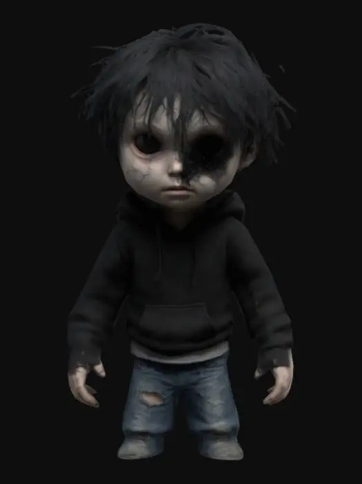 3D model for Create a creepy horror 3D model of a Black-Eyed Child with glossy, completely black eyes and pale, almost translucent skin showing faint veins. Messy black hair, tattered dark hoodie, and ripped jeans. Slightly hunched posture, bony fingers, and a blank, menacing expression. Add dim, flickering lighting and thick fog for an eerie, terrifying atmosphere.