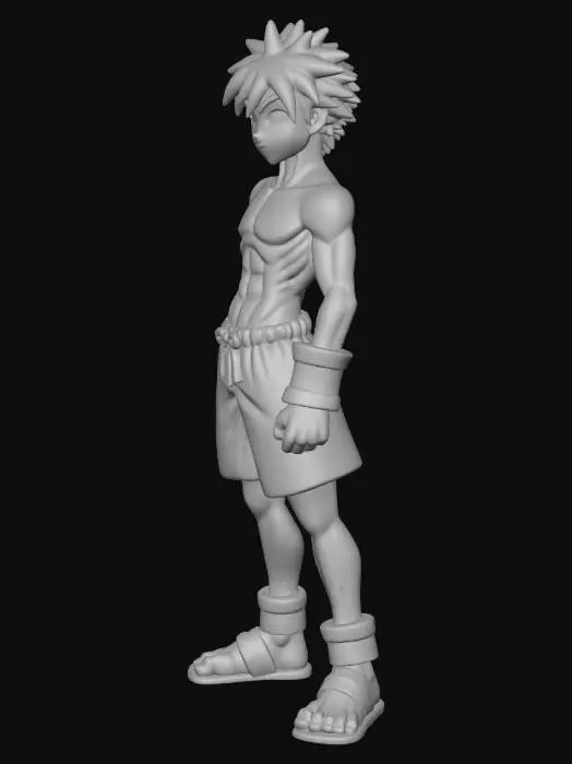 3D model for 1boy,  solo, expert shading, high detail, official art, intricate textures, masterpiece, very aesthetic, aesthetic, amazing quality, best quality, , tcg artwork, street fighter, capcom, bakcground, boy, orange hair, short hair, unkept hair, arm warp, ankle wrap, stirrup footwear, blue shorts with red lines, muscualr male, teenage, torso wrap, shoulder wrap, nipples, muay thai, blue eyes, red tiger symbol on shorts,