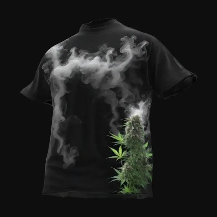 3D model for Black 3D T-shirt. It presents smoke gestures combined with graphic elements. Place a large bud of medical marijuana on your left breast. From below, sunlight filters through the smoke, revealing a distant marijuana field. Above, the thick fog turns into casino elements: slot machines, dice, roulette, chips and LED banners. On back of shirt there is a vignette of thick smoke with two young Amstafy emerging. Female is black with minimal white accents, and the male is white with uneven black spots.