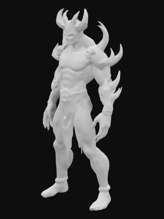3D model for Stylized, Fantasy, Game Assets, Ultra Realistic, A-pose, Symmetrical Body, Full Body humanoid, on his head he have six little horns going backward, and 8 litlle skull from his back, muscular body