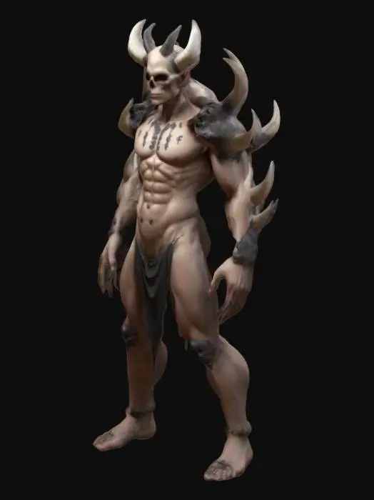 3D model for Stylized, Fantasy, Game Assets, Ultra Realistic, A-pose, Symmetrical Body, Full Body humanoid, on his head he have six little horns going backward, and 8 litlle skull from his back, muscular body