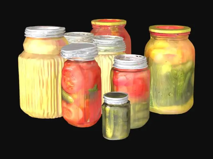 3D model for Модель представляет собой композицию из нескольких прозрачных стеклянных банок различного размера, наполненных соленьями. Банки имеют гладкие, иногда ребристые поверхности и варьируются от приземистых до высоких и узких. Внутри каждой банки виден рассол: от мутного желтоватого до прозрачного розового, окутывающий соленые огурцы с бугристой текстурой, гладкие красные помидоры, или разноцветные маринованные овощи. Металлические крышки блестят серебристым, красным или золотистым цветом, плотно закрывая горлышки.