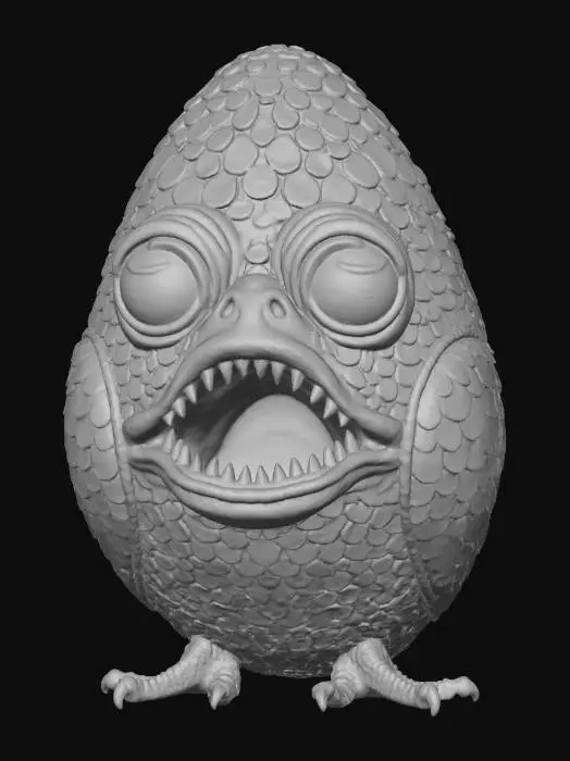 3D model for A large fantasy egg with surreal Italian brainrot aesthetic, shark-pigeon hybrid theme, chaotic and absurd design. The egg shell features distorted textures mixing shark scales and pigeon feathers, with exaggerated unnatural colors like neon blue, sickly green, and deep purple. Surface has grotesque bulging eyes peeking through cracks, shark teeth patterns, and warped pigeon beak shapes embedded in the shell. Overly detailed in an unsettling way, dreamlike and bizarre appearance. The egg has an AI-generated uncanny valley quality, combining organic and synthetic textures. Base of egg shows melting effect. Cartoonish yet disturbing, post-ironic internet meme style, 3D game asset, stylized low-poly to mid-poly, suitable for Roblox