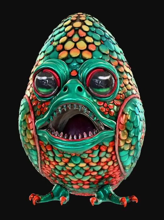 3D model for A large fantasy egg with surreal Italian brainrot aesthetic, shark-pigeon hybrid theme, chaotic and absurd design. The egg shell features distorted textures mixing shark scales and pigeon feathers, with exaggerated unnatural colors like neon blue, sickly green, and deep purple. Surface has grotesque bulging eyes peeking through cracks, shark teeth patterns, and warped pigeon beak shapes embedded in the shell. Overly detailed in an unsettling way, dreamlike and bizarre appearance. The egg has an AI-generated uncanny valley quality, combining organic and synthetic textures. Base of egg shows melting effect. Cartoonish yet disturbing, post-ironic internet meme style, 3D game asset, stylized low-poly to mid-poly, suitable for Roblox