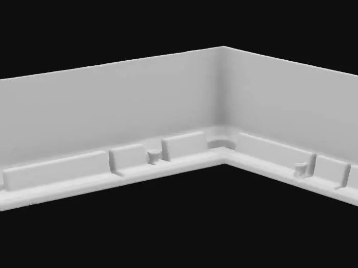 3D model for "A futuristic cyberpunk sidewalk in an urban cityscape. The sidewalk has polished stone tiles with embedded glowing neon lighting in teal, magenta, and electric blue running along its edges. It includes minimalist frosted-glass benches with wooden seating, holographic panels for public information, and sleek planters with small greenery for a sustainable touch. The environment features towering skyscrapers with holographic advertisements and a vibrant cyberpunk under soft, ambient lighting."