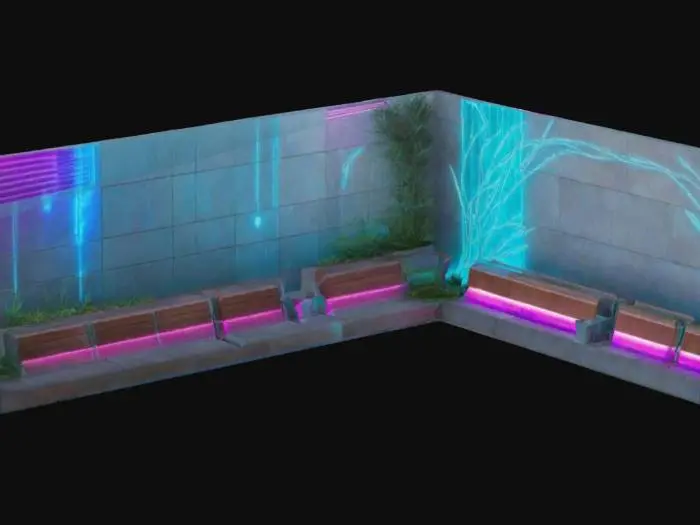 3D model for "A futuristic cyberpunk sidewalk in an urban cityscape. The sidewalk has polished stone tiles with embedded glowing neon lighting in teal, magenta, and electric blue running along its edges. It includes minimalist frosted-glass benches with wooden seating, holographic panels for public information, and sleek planters with small greenery for a sustainable touch. The environment features towering skyscrapers with holographic advertisements and a vibrant cyberpunk under soft, ambient lighting."
