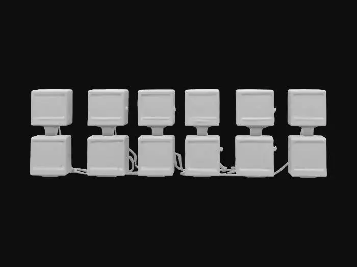 3D model for Subject: Wall of CRT screens with a retro aesthetic, arranged in a grid pattern.
Style: Vintage, cyberpunk-inspired, glowing displays, pixel art motifs.
Material: Matte black plastic casings, glass CRT screens with glowing pixels and static lines, subtle reflections, worn details.
Details: Overlapping wires, some cracked screens, neon backlighting, randomized display content.
Purpose: Environment prop for cyberpunk scenes, VR-ready, HDR rendering optimized for 4K.