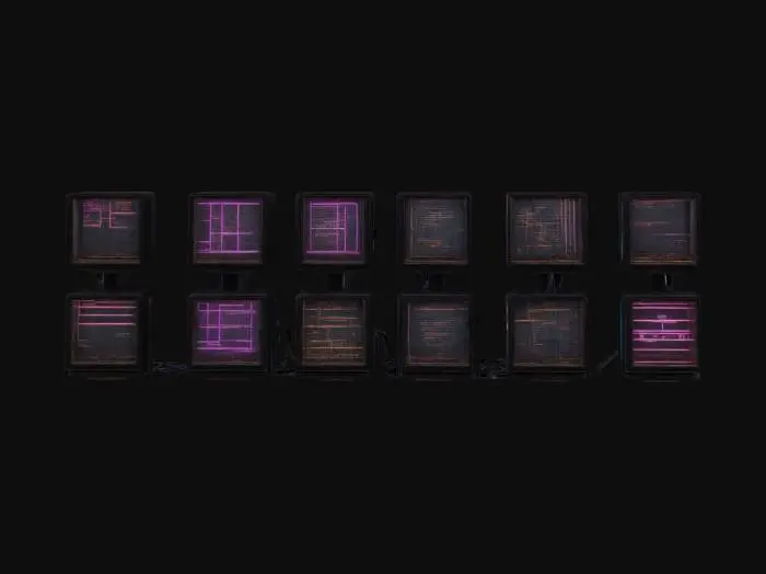 3D model for Subject: Wall of CRT screens with a retro aesthetic, arranged in a grid pattern.
Style: Vintage, cyberpunk-inspired, glowing displays, pixel art motifs.
Material: Matte black plastic casings, glass CRT screens with glowing pixels and static lines, subtle reflections, worn details.
Details: Overlapping wires, some cracked screens, neon backlighting, randomized display content.
Purpose: Environment prop for cyberpunk scenes, VR-ready, HDR rendering optimized for 4K.