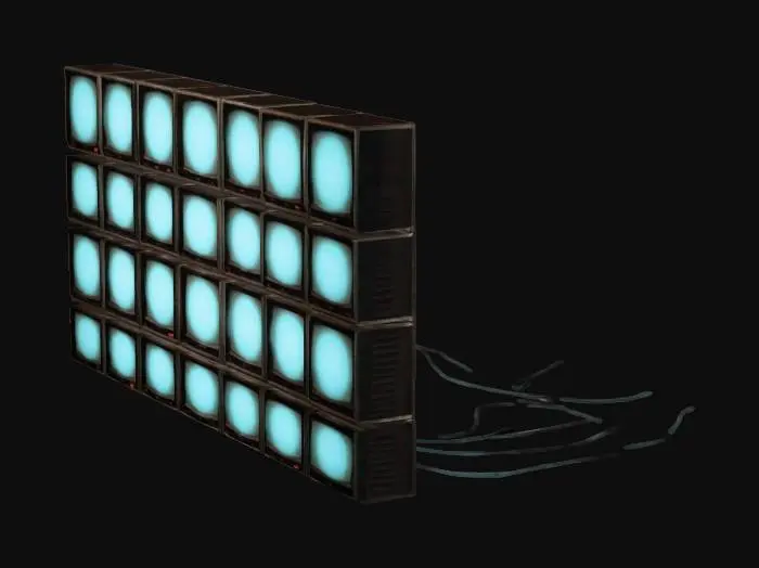 3D model for Subject: Wall of CRT screens with a retro aesthetic, arranged in a grid pattern.
Style: Vintage, cyberpunk-inspired, glowing displays, pixel art motifs.
Material: Matte black plastic casings, glass CRT screens with glowing pixels and static lines, subtle reflections, worn details.
Details: Overlapping wires, some cracked screens, neon backlighting, randomized display content.
Purpose: Environment prop for cyberpunk scenes, VR-ready, HDR rendering optimized for 4K.