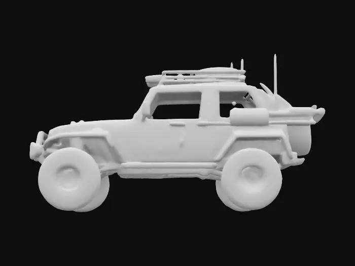 3D model for Subject: Nomad off-road vehicle, cyberpunk design, rugged and heavily modified.
Style: Post-apocalyptic, dystopian, scavenged aesthetic, weathered details.
Material: Rusted metal panels, reinforced steel bumpers, cracked windshield, heavy-duty tires.
Details: Mounted weapons, exposed mechanics, makeshift armor, repurposed vehicle parts.
Purpose: Game asset for Cyberpunk environments, VR-ready, HDR lighting, optimized for 8K renders.
Character Count: 342