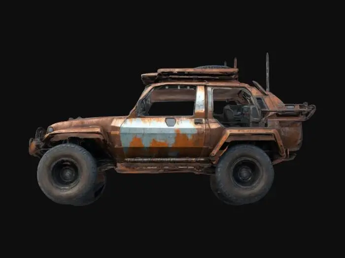 3D model for Subject: Nomad off-road vehicle, cyberpunk design, rugged and heavily modified.
Style: Post-apocalyptic, dystopian, scavenged aesthetic, weathered details.
Material: Rusted metal panels, reinforced steel bumpers, cracked windshield, heavy-duty tires.
Details: Mounted weapons, exposed mechanics, makeshift armor, repurposed vehicle parts.
Purpose: Game asset for Cyberpunk environments, VR-ready, HDR lighting, optimized for 8K renders.
Character Count: 342