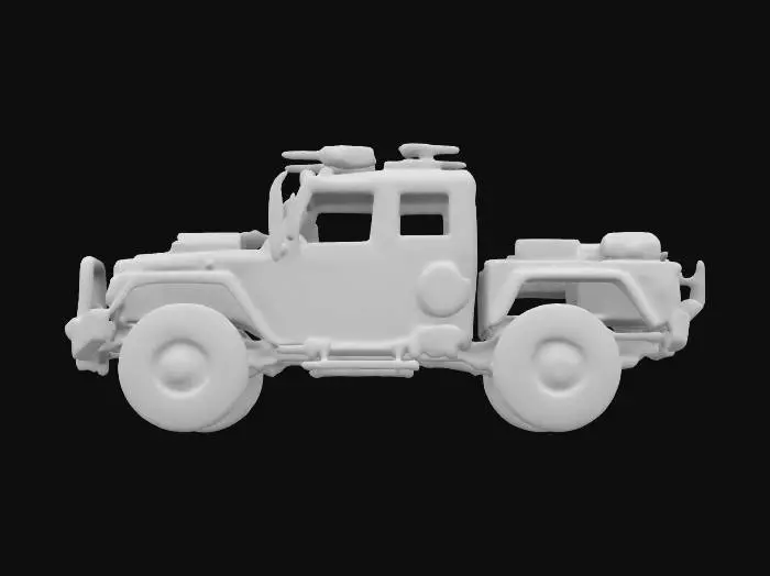 3D model for Subject: Nomad off-road vehicle, cyberpunk design, rugged and heavily modified.
Style: Post-apocalyptic, dystopian, scavenged aesthetic, weathered details.
Material: Rusted metal panels, reinforced steel bumpers, cracked windshield, heavy-duty tires.
Details: Mounted weapons, exposed mechanics, makeshift armor, repurposed vehicle parts.
Purpose: Game asset for Cyberpunk environments, VR-ready, HDR lighting, optimized for 8K renders.
Character Count: 342