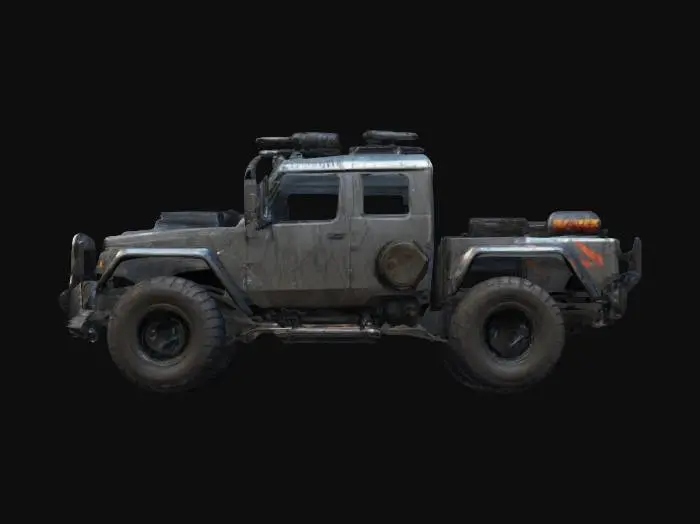 3D model for Subject: Nomad off-road vehicle, cyberpunk design, rugged and heavily modified.
Style: Post-apocalyptic, dystopian, scavenged aesthetic, weathered details.
Material: Rusted metal panels, reinforced steel bumpers, cracked windshield, heavy-duty tires.
Details: Mounted weapons, exposed mechanics, makeshift armor, repurposed vehicle parts.
Purpose: Game asset for Cyberpunk environments, VR-ready, HDR lighting, optimized for 8K renders.
Character Count: 342