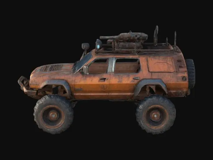 3D model for Subject: Nomad off-road vehicle, cyberpunk design, rugged and heavily modified.
Style: Post-apocalyptic, dystopian, scavenged aesthetic, weathered details.
Material: Rusted metal panels, reinforced steel bumpers, cracked windshield, heavy-duty tires.
Details: Mounted weapons, exposed mechanics, makeshift armor, repurposed vehicle parts.
Purpose: Game asset for Cyberpunk environments, VR-ready, HDR lighting, optimized for 8K renders.
Character Count: 342