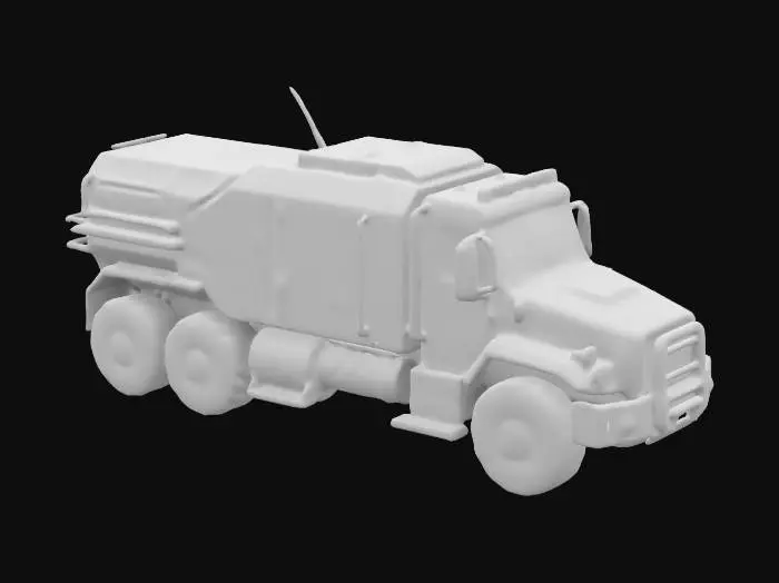 3D model for Subject: Tanki, high-tech industrial hauler, neon-lit urban freight vehicle. Style: Cyberpunk, dystopian, industrial, retro-futuristic, neon-soaked urban aesthetic. Material: Reinforced metallic body with a matte black finish, glowing neon trim, holographic HUD, armored plating, PBR textures. Details: Large cab, heavy-duty tires. Purpose: VR-ready, HDR lighting, 8K rendering.