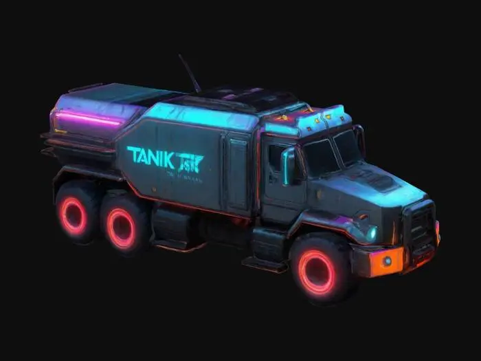 3D model for Subject: Tanki, high-tech industrial hauler, neon-lit urban freight vehicle. Style: Cyberpunk, dystopian, industrial, retro-futuristic, neon-soaked urban aesthetic. Material: Reinforced metallic body with a matte black finish, glowing neon trim, holographic HUD, armored plating, PBR textures. Details: Large cab, heavy-duty tires. Purpose: VR-ready, HDR lighting, 8K rendering.