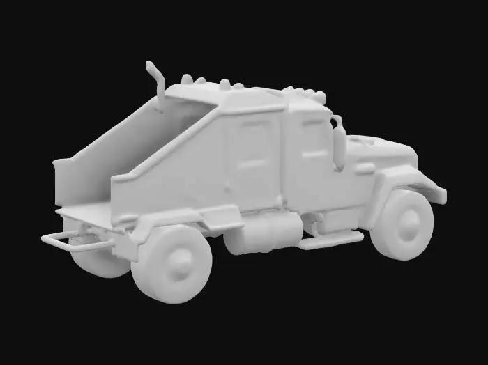 3D model for Subject: Tanki, high-tech industrial hauler, neon-lit urban freight vehicle. Style: Cyberpunk, dystopian, industrial, retro-futuristic, neon-soaked urban aesthetic. Material: Reinforced metallic body with a matte black finish, glowing neon trim, holographic HUD, armored plating, PBR textures. Details: Large cab, heavy-duty tires. Purpose: VR-ready, HDR lighting, 8K rendering.