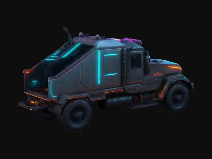 3D model for Subject: Tanki, high-tech industrial hauler, neon-lit urban freight vehicle. Style: Cyberpunk, dystopian, industrial, retro-futuristic, neon-soaked urban aesthetic. Material: Reinforced metallic body with a matte black finish, glowing neon trim, holographic HUD, armored plating, PBR textures. Details: Large cab, heavy-duty tires. Purpose: VR-ready, HDR lighting, 8K rendering.