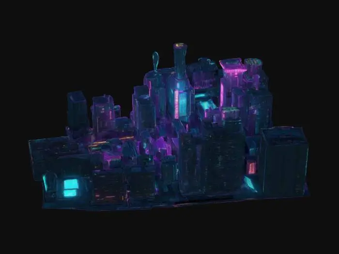 3D model for Subject:
Futuristic mega-city viewed from a birds-eye perspective, showcasing dense high-rise buildings, cyberpunk neon lights, and advanced infrastructure.

Style:
A blend of Cyberpunk and Sci-Fi aesthetics with influences from Blade Runner and Ghost in the Shell. Features neon-lit skyscrapers, holographic billboards, and industrial structures.

Material:
Skyscrapers made of glass, steel, and carbon fiber composites with reflective surfaces and neon accents. 