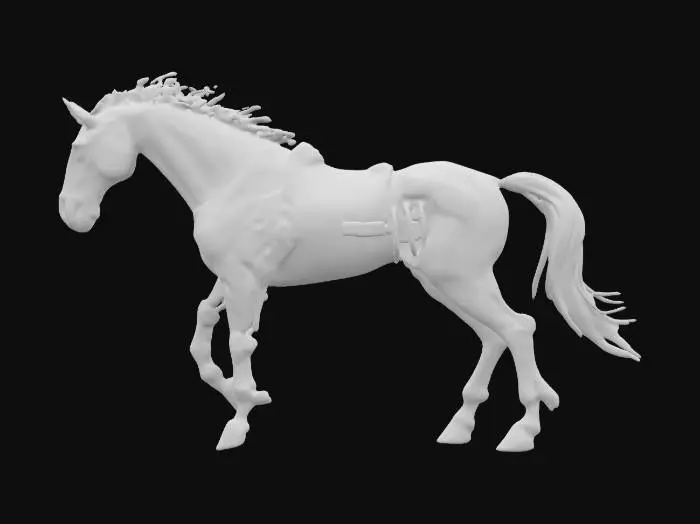 3D model for cyberpunk warhorse; polished chrome body with reflective surfaces, glowing cyan cybernetic veins, and an iridescent plasma mane. Digital circuit patterns subtly etched into the metallic plating. High-energy neon underglow beneath the hooves, shifting hues with movement. Synthetic cyber skin layered over exoskeletal joints for a seamless blend of organic and mechanical. Optimized for HDR lighting, emphasizing reflections and glow.