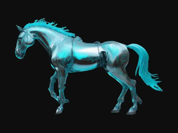 3D model for cyberpunk warhorse; polished chrome body with reflective surfaces, glowing cyan cybernetic veins, and an iridescent plasma mane. Digital circuit patterns subtly etched into the metallic plating. High-energy neon underglow beneath the hooves, shifting hues with movement. Synthetic cyber skin layered over exoskeletal joints for a seamless blend of organic and mechanical. Optimized for HDR lighting, emphasizing reflections and glow.