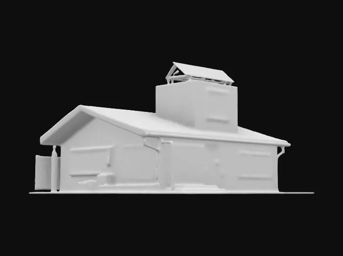 3D model for Subject: A cyberpunk-style single-family house, one-story, designed with futuristic aesthetics.
Style: High-poly, detailed cyberpunk architecture with neon accents, industrial elements, and a blend of traditional and modern structures.
Material: Metal panels, concrete, glass windows with holographic displays, neon lighting, and reinforced steel doors.
Details: Rooftop solar panels, integrated neon signage, security cameras, air vents, and a sleek, dystopian city aesthetic. Rain streaks.