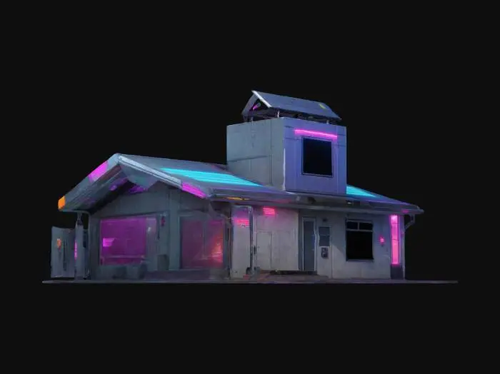 3D model for Subject: A cyberpunk-style single-family house, one-story, designed with futuristic aesthetics.
Style: High-poly, detailed cyberpunk architecture with neon accents, industrial elements, and a blend of traditional and modern structures.
Material: Metal panels, concrete, glass windows with holographic displays, neon lighting, and reinforced steel doors.
Details: Rooftop solar panels, integrated neon signage, security cameras, air vents, and a sleek, dystopian city aesthetic. Rain streaks.