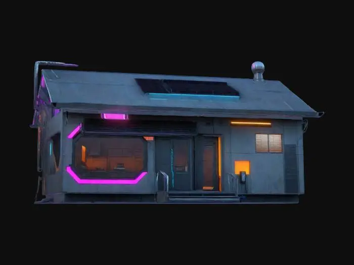 3D model for Subject: A cyberpunk-style single-family house, one-story, designed with futuristic aesthetics.
Style: High-poly, detailed cyberpunk architecture with neon accents, industrial elements, and a blend of traditional and modern structures.
Material: Metal panels, concrete, glass windows with holographic displays, neon lighting, and reinforced steel doors.
Details: Rooftop solar panels, integrated neon signage, security cameras, air vents, and a sleek, dystopian city aesthetic. Rain streaks.