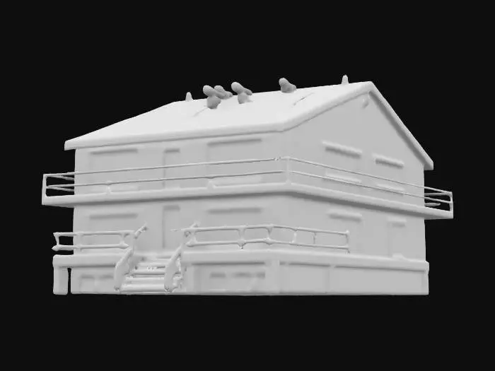 3D model for Subject: A cyberpunk-style single-family house, one-story, designed with futuristic aesthetics.
Style: High-poly, detailed cyberpunk architecture with neon accents, industrial elements, and a blend of traditional and modern structures.
Material: Metal panels, concrete, glass windows with holographic displays, neon lighting, and reinforced steel doors.
Details: Rooftop solar panels, integrated neon signage, security cameras, air vents, and a sleek, dystopian city aesthetic. Rain streaks.