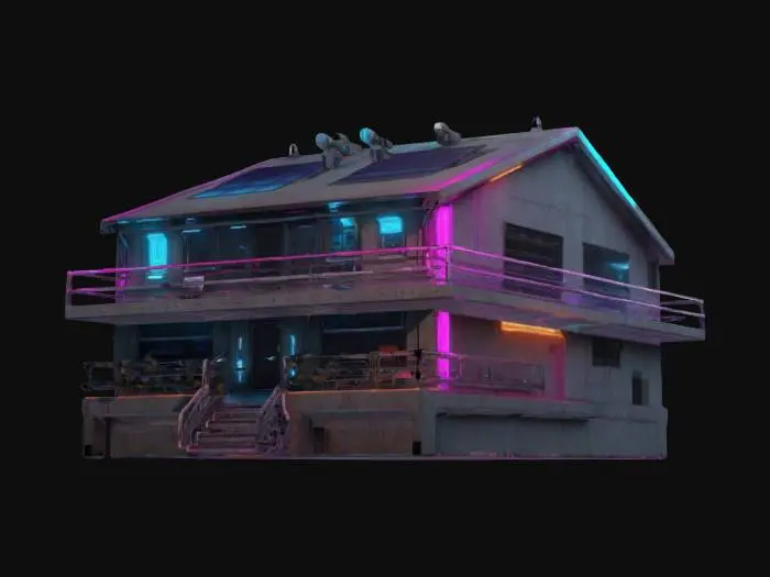 3D model for Subject: A cyberpunk-style single-family house, one-story, designed with futuristic aesthetics.
Style: High-poly, detailed cyberpunk architecture with neon accents, industrial elements, and a blend of traditional and modern structures.
Material: Metal panels, concrete, glass windows with holographic displays, neon lighting, and reinforced steel doors.
Details: Rooftop solar panels, integrated neon signage, security cameras, air vents, and a sleek, dystopian city aesthetic. Rain streaks.