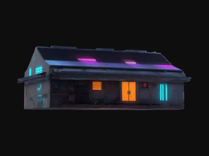 3D model for Subject: A cyberpunk-style single-family house, one-story, designed with futuristic aesthetics.
Style: High-poly, detailed cyberpunk architecture with neon accents, industrial elements, and a blend of traditional and modern structures.
Material: Metal panels, concrete, glass windows with holographic displays, neon lighting, and reinforced steel doors.
Details: Rooftop solar panels, integrated neon signage, security cameras, air vents, and a sleek, dystopian city aesthetic. Rain streaks.
