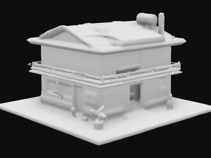 3D model for Subject: A cyberpunk-style single-family house, one-story, designed with futuristic aesthetics.
Style: High-poly, detailed cyberpunk architecture with neon accents, industrial elements, and a blend of traditional and modern structures.
Material: Metal panels, concrete, glass windows with holographic displays, neon lighting, and reinforced steel doors.
Details: Rooftop solar panels, integrated neon signage, security cameras, air vents, and a sleek, dystopian city aesthetic. Rain streaks.