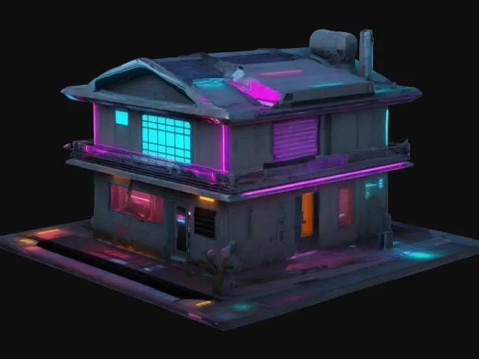 3D model for Subject: A cyberpunk-style single-family house, one-story, designed with futuristic aesthetics.
Style: High-poly, detailed cyberpunk architecture with neon accents, industrial elements, and a blend of traditional and modern structures.
Material: Metal panels, concrete, glass windows with holographic displays, neon lighting, and reinforced steel doors.
Details: Rooftop solar panels, integrated neon signage, security cameras, air vents, and a sleek, dystopian city aesthetic. Rain streaks.