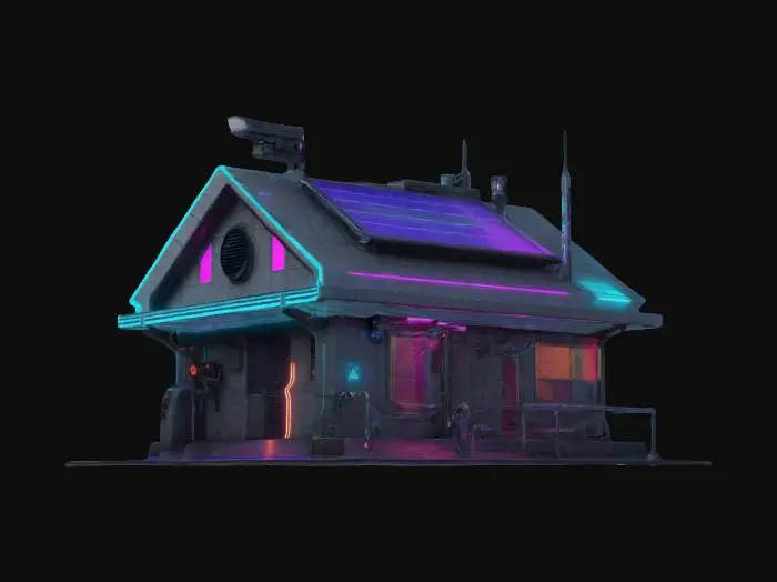3D model for Subject: A cyberpunk-style single-family house, one-story, designed with futuristic aesthetics.
Style: High-poly, detailed cyberpunk architecture with neon accents, industrial elements, and a blend of traditional and modern structures.
Material: Metal panels, concrete, glass windows with holographic displays, neon lighting, and reinforced steel doors.
Details: Rooftop solar panels, integrated neon signage, security cameras, air vents, and a sleek, dystopian city aesthetic. Rain streaks.