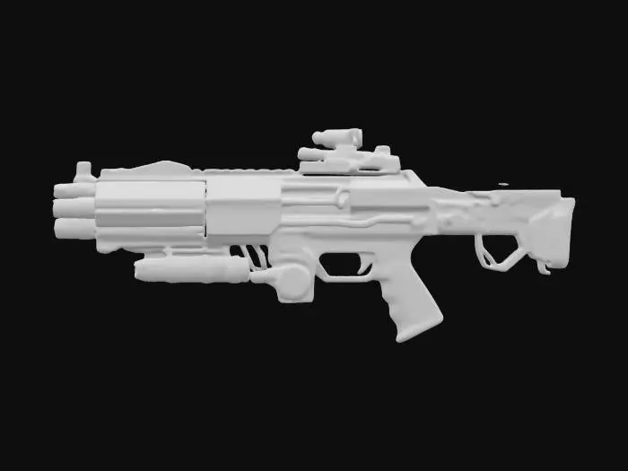 3D model for Barrel: Stacked and welded CPU heat pipes for cooling, reinforced with motherboard panels.
Receiver: Modified computer tower chassis.
Scope: Repurposed webcam with an LED-lit interface.
Magazine: GPU heatsink for efficient heat dissipation.
Trigger: Mechanical keyboard switches for a tactile cyberpunk feel.
Additional elements: Exposed circuitry, glowing LEDs, cybernetic patterns, and a mix of sleek metal and rugged industrial components.
