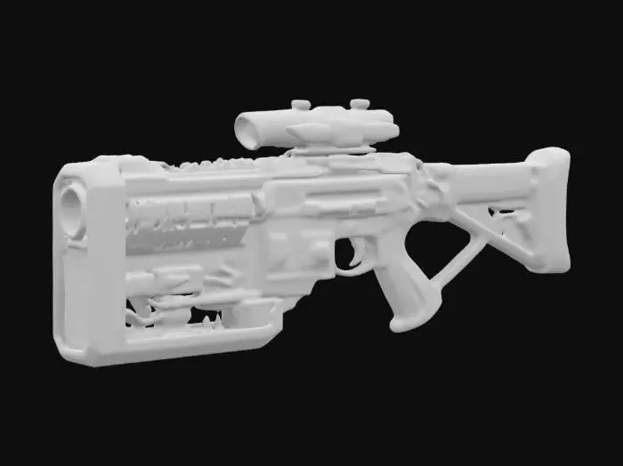3D model for Barrel: Stacked and welded CPU heat pipes for cooling, reinforced with motherboard panels.
Receiver: Modified computer tower chassis.
Scope: Repurposed webcam with an LED-lit interface.
Magazine: GPU heatsink for efficient heat dissipation.
Trigger: Mechanical keyboard switches for a tactile cyberpunk feel.
Additional elements: Exposed circuitry, glowing LEDs, cybernetic patterns, and a mix of sleek metal and rugged industrial components.
