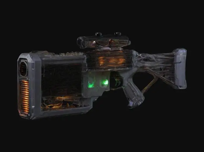 3D model for Barrel: Stacked and welded CPU heat pipes for cooling, reinforced with motherboard panels.
Receiver: Modified computer tower chassis.
Scope: Repurposed webcam with an LED-lit interface.
Magazine: GPU heatsink for efficient heat dissipation.
Trigger: Mechanical keyboard switches for a tactile cyberpunk feel.
Additional elements: Exposed circuitry, glowing LEDs, cybernetic patterns, and a mix of sleek metal and rugged industrial components.
