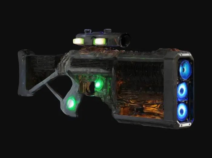 3D model for Barrel: Stacked and welded CPU heat pipes for cooling, reinforced with motherboard panels.
Receiver: Modified computer tower chassis.
Scope: Repurposed webcam with an LED-lit interface.
Magazine: GPU heatsink for efficient heat dissipation.
Trigger: Mechanical keyboard switches for a tactile cyberpunk feel.
Additional elements: Exposed circuitry, glowing LEDs, cybernetic patterns, and a mix of sleek metal and rugged industrial components.
