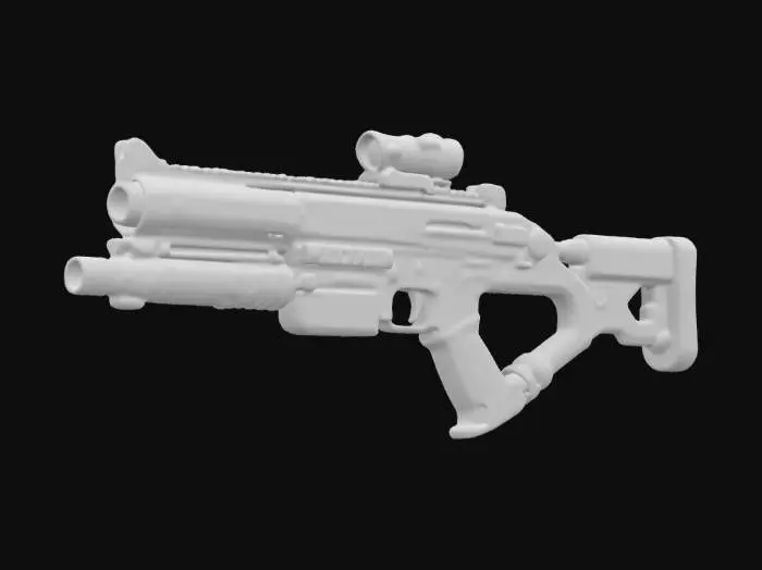 3D model for Barrel: Stacked and welded CPU heat pipes for cooling, reinforced with motherboard panels.
Receiver: Modified computer tower chassis.
Scope: Repurposed webcam with an LED-lit interface.
Magazine: GPU heatsink for efficient heat dissipation.
Trigger: Mechanical keyboard switches for a tactile cyberpunk feel.
Additional elements: Exposed circuitry, glowing LEDs, cybernetic patterns, and a mix of sleek metal and rugged industrial components.
