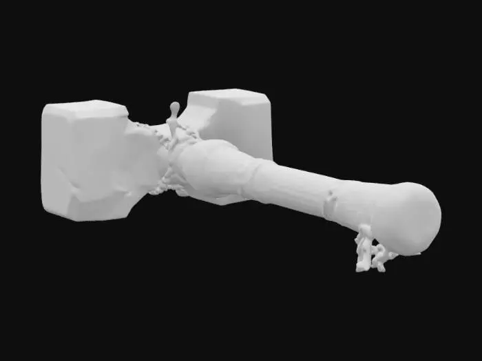 3D model for "A massive war maul crafted from a single piece of rugged granite, with a weathered surface and deep primitive carvings etched into the stone. The handle is wrapped in coarse animal hide for grip, showing signs of wear and age. The head of the maul is irregular yet balanced, featuring jagged edges and cracks from countless battles. Small bone trinkets and leather straps dangle from the handle, adding a tribal warrior aesthetic.", #ChronoForgeWeapon#