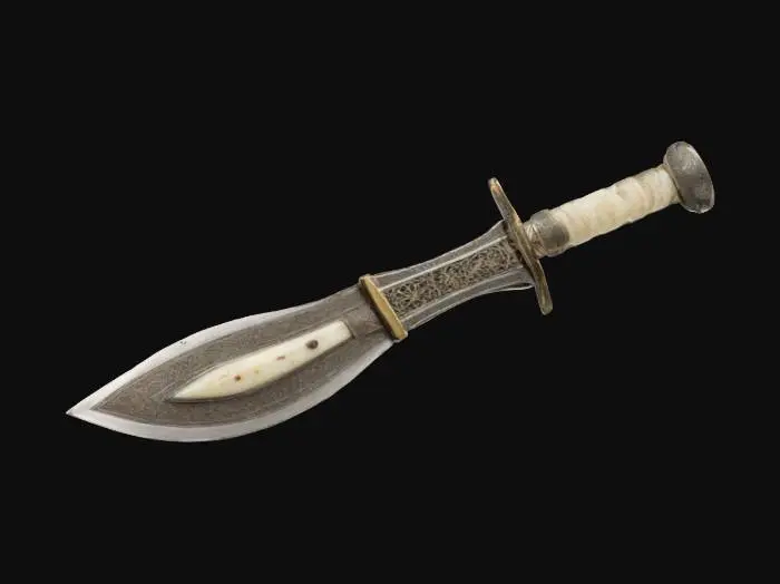 3D model for A Mughal-era katar, reinforced with damascus steel and ivory inlays, designed for silent, lethal strikes. The blade can phase out of sync with reality, allowing the assassin to bypass armor before solidifying on impact. The hilt contains hidden compartments for poison vials and throwing needles. Each kill etches a new mark onto the blade, a tally of its deadly history. PBR damascus steel, ornate carvings, and aged battle wear., #ChronoForgeWeapon#