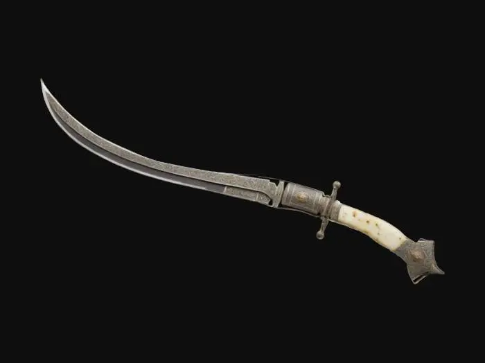 3D model for A Mughal-era katar, reinforced with damascus steel and ivory inlays, designed for silent, lethal strikes. The blade can phase out of sync with reality, allowing the assassin to bypass armor before solidifying on impact. The hilt contains hidden compartments for poison vials and throwing needles. Each kill etches a new mark onto the blade, a tally of its deadly history. PBR damascus steel, ornate carvings, and aged battle wear., #ChronoForgeWeapon#