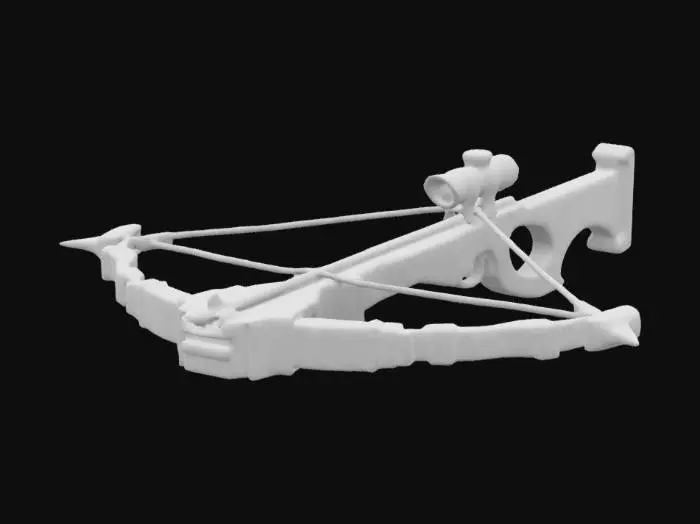 3D model for A crossbow crafted from a meteorite, its bolts vibrating with a mysterious resonance. When fired, the bolts split into echoes of themselves, striking multiple points in different moments of time. Each shot remembers its past trajectory, allowing it to adjust its course mid-flight. PBR cosmic obsidian, glowing fractures, and delayed-impact shockwaves, #ChronoForgeWeapon#