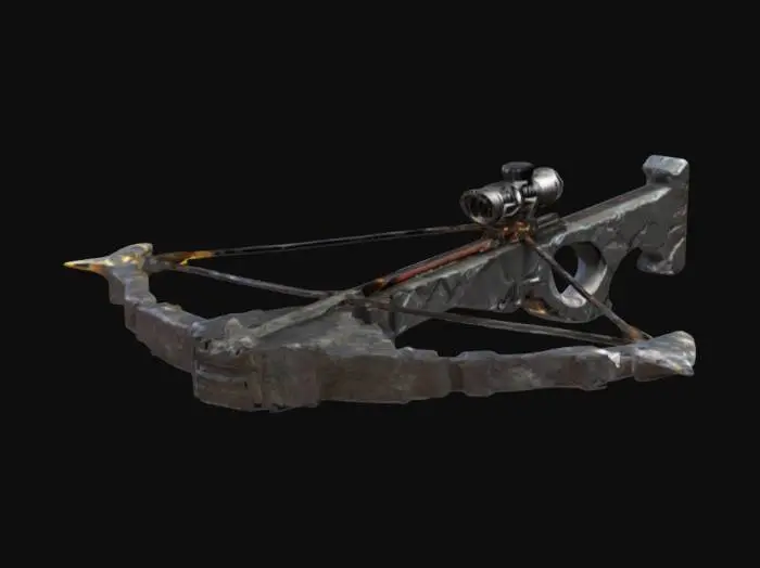 3D model for A crossbow crafted from a meteorite, its bolts vibrating with a mysterious resonance. When fired, the bolts split into echoes of themselves, striking multiple points in different moments of time. Each shot remembers its past trajectory, allowing it to adjust its course mid-flight. PBR cosmic obsidian, glowing fractures, and delayed-impact shockwaves, #ChronoForgeWeapon#